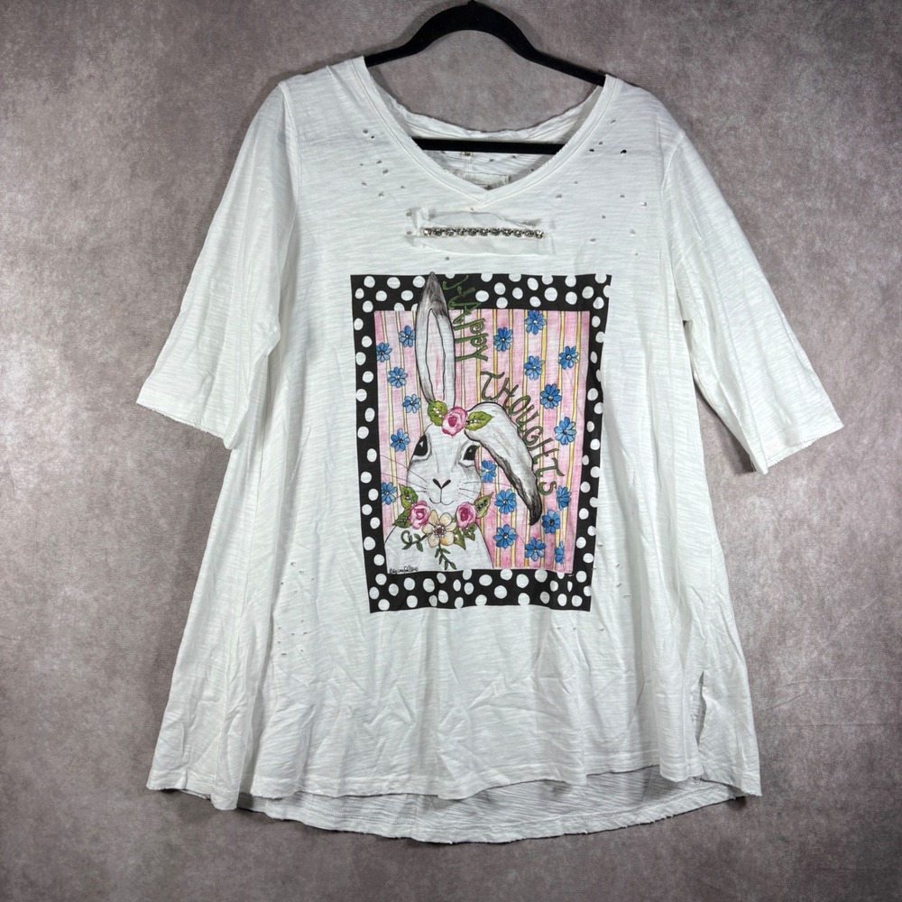 A Rare Bird Shirt Women S/M White Happy Thoughts Bunny Distressed Rhinestone NEW